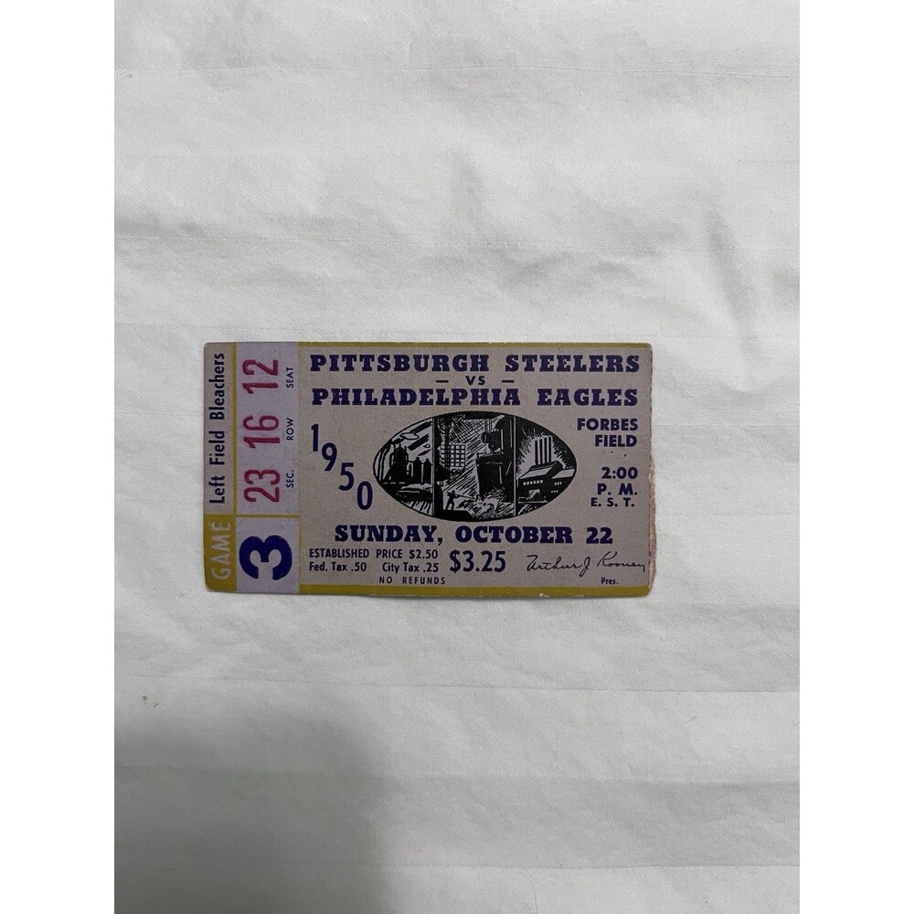 1950 Pittsburgh Steelers vs Eagles Ticket Stub Forbes Field Art Rooney Sign
